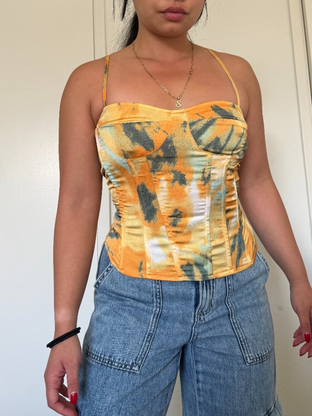 prettylittlething sunset floral corset tank top